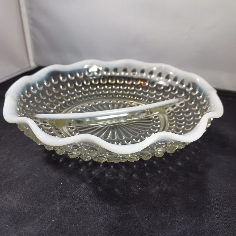 Vintage Fenton Hobnail Divided Dish White Opalescent